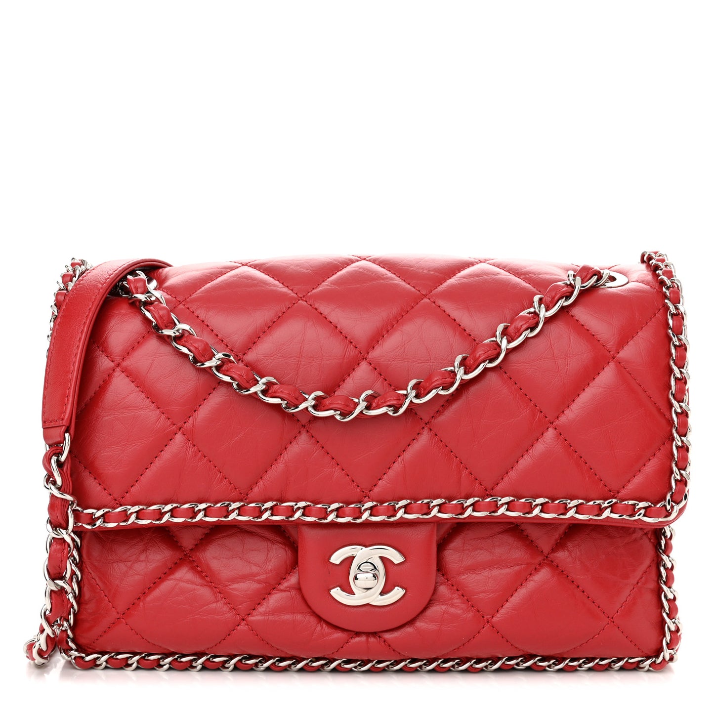 Crumpled Calfskin Medium Chain All Over Flap Red