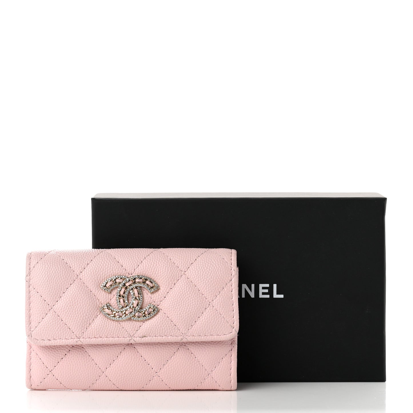 Caviar Quilted Crystal CC Flap Card Holder Pink