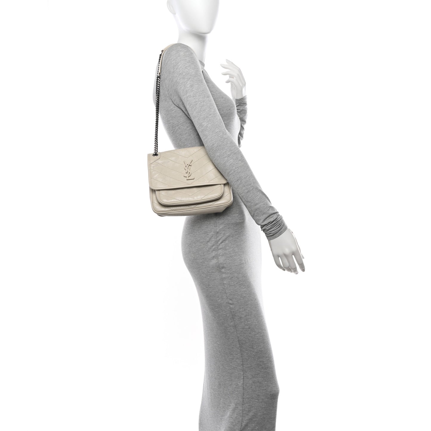 Crinkled Calfskin Matelasse Monogram Baby Niki Chain Satchel Ivory