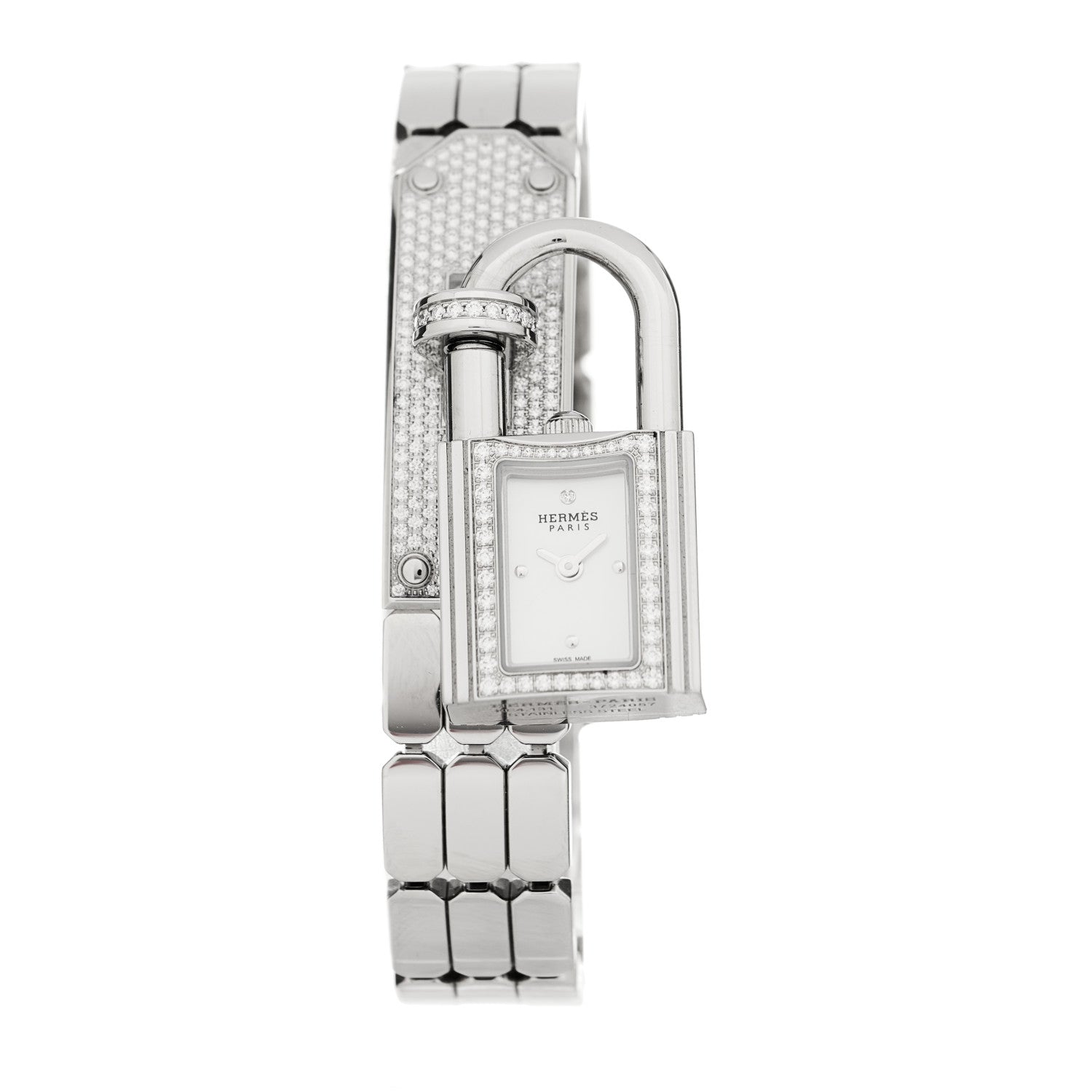 Hermes Stainless Steel Diamond Pave 16mm Kelly Quartz Watch 1 of 6