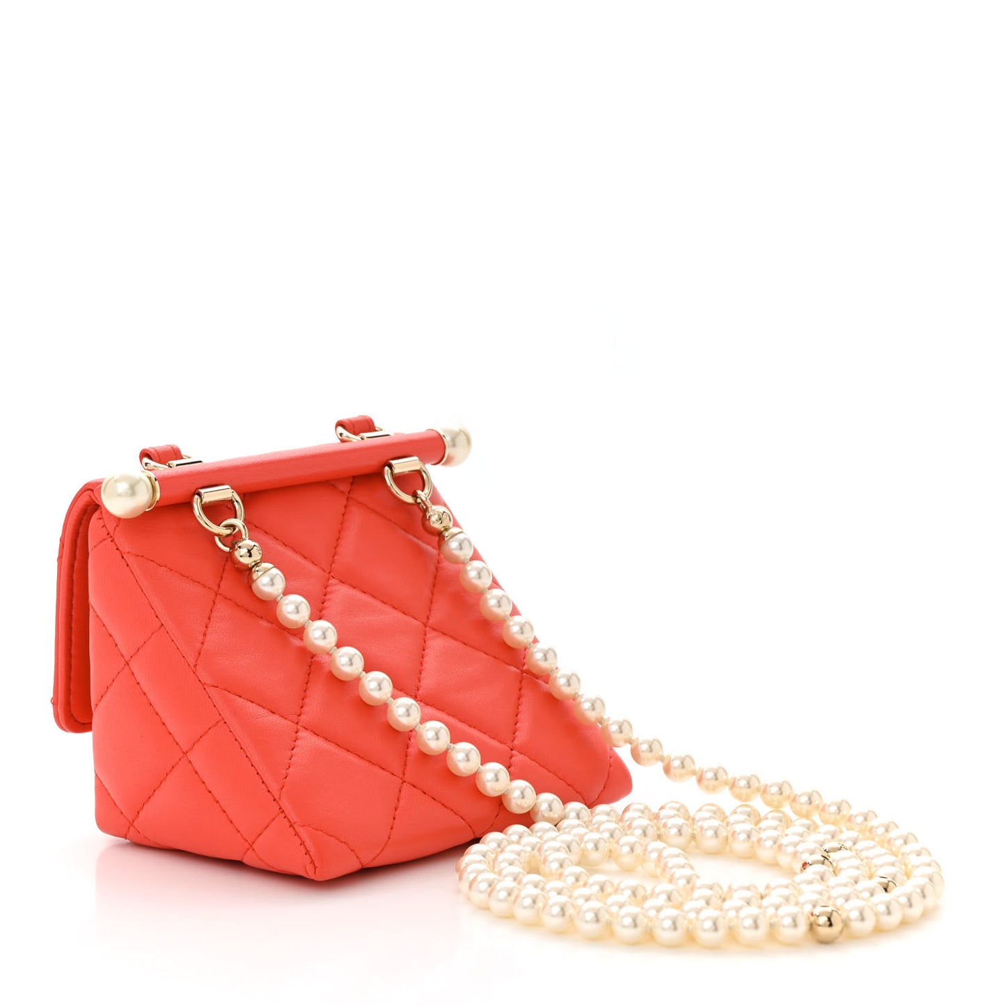 Lambskin Pearl Quilted Flap Clutch With Chain Coral