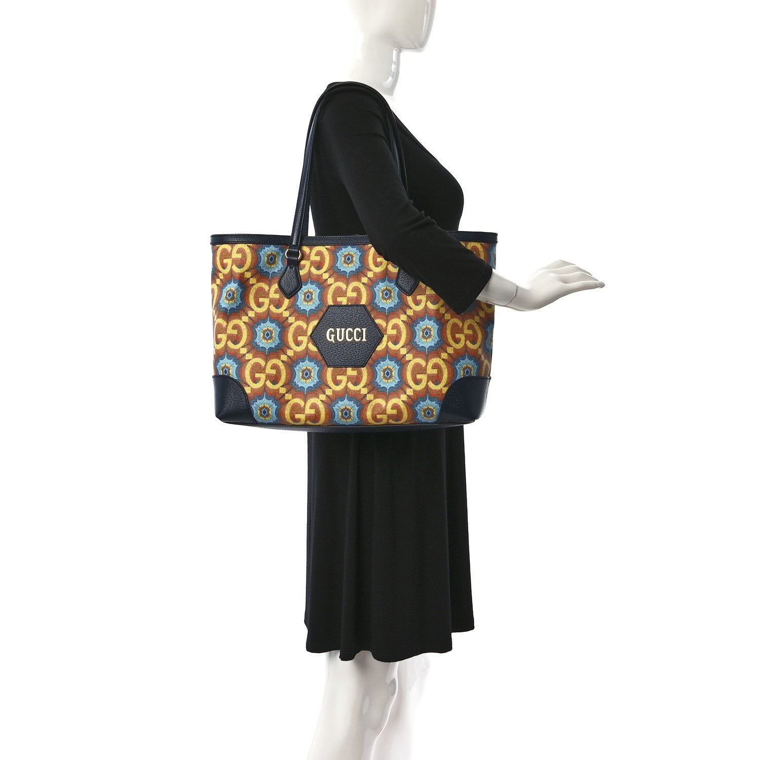 Gucci GG Supreme Kaleidoscope Calfskin Script Logo Gucci 100 Tote Bag Blue Orange Multicolor Blue Agata 3 of 8