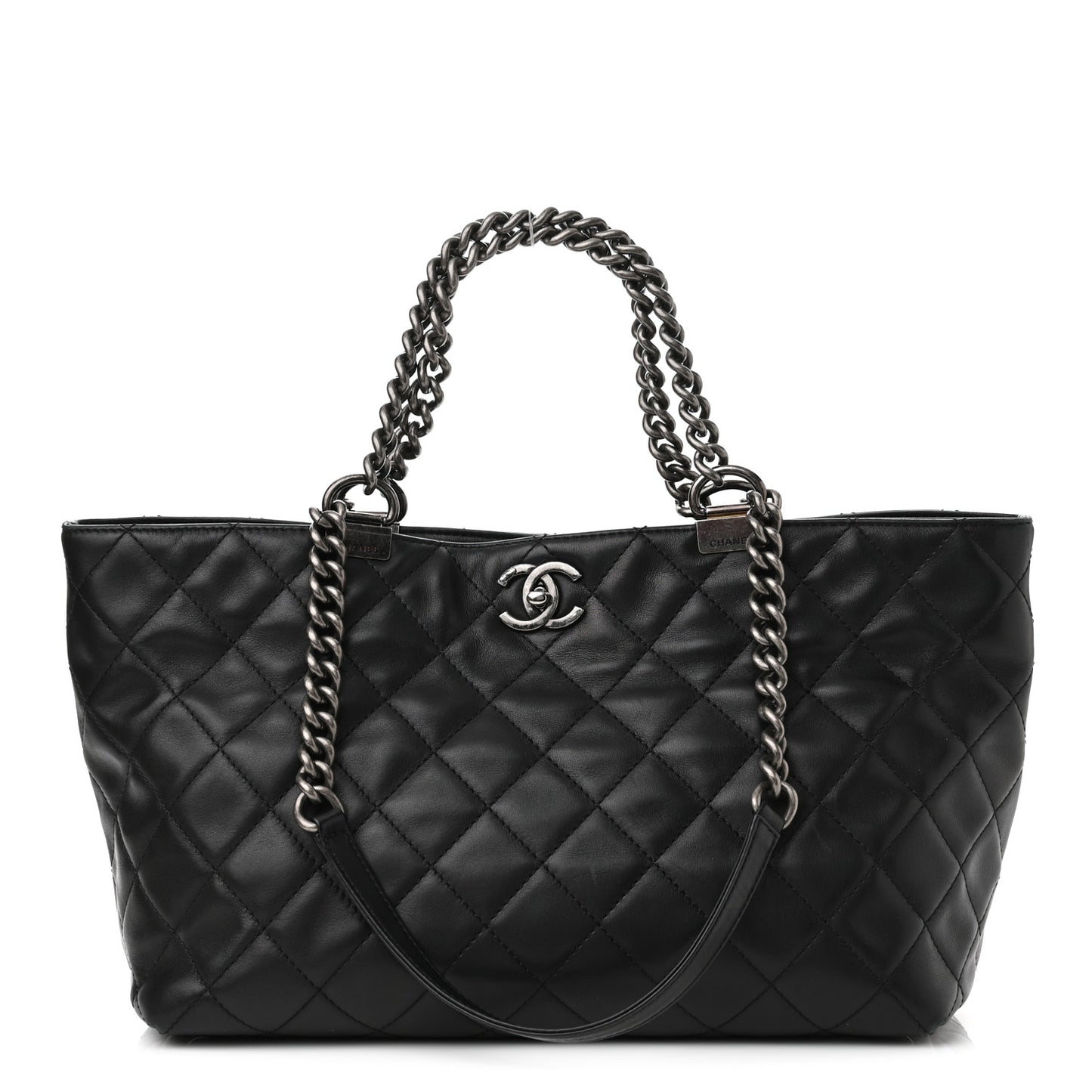 Calfskin Quilted Small Shopping In Chains Tote Black