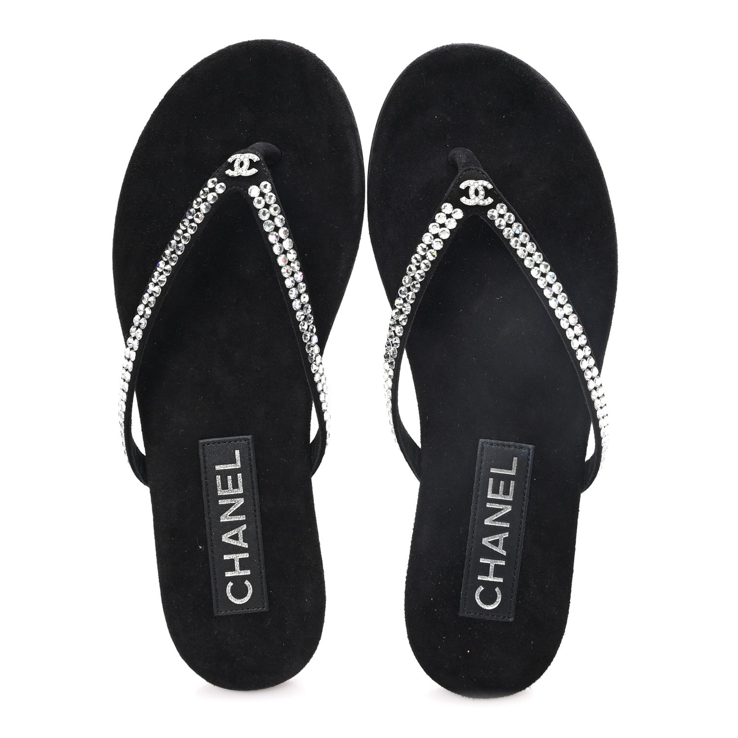 Suede Kidskin Strass CC Thong Sandals 36 Black
