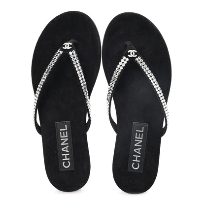 Chanel Suede Kidskin Strass CC Thong Sandals 36 Black 2 of 10