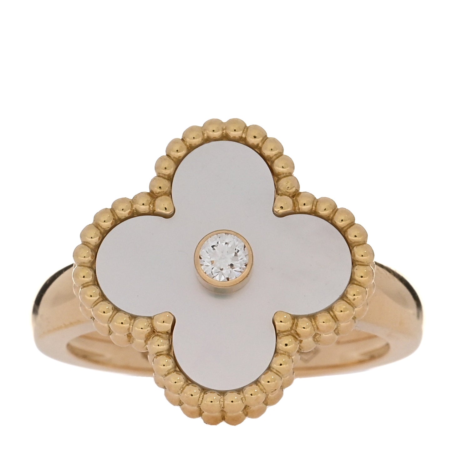 18K Yellow Gold Diamond Mother of Pearl Vintage Alhambra Ring 51 5.75