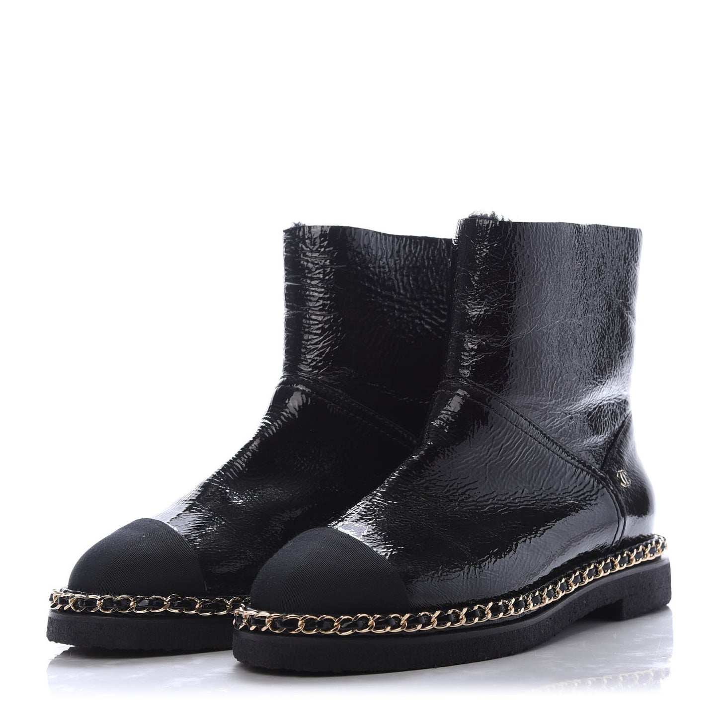 Crumpled Calfskin Shearling Womens Cap Toe Chain Short Boots 37.5 Black