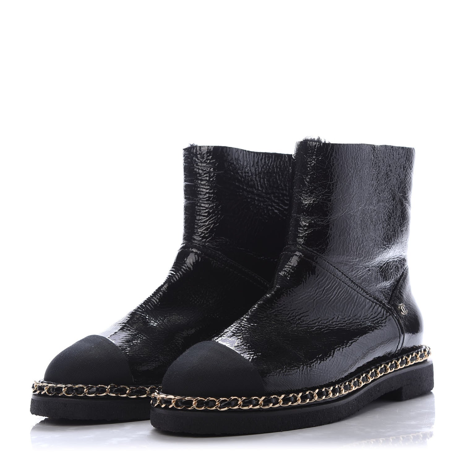 Chanel Crumpled Calfskin Shearling Womens Cap Toe Chain Short Boots 37.5 Black 3 of 7
