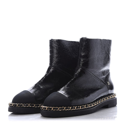 Chanel Crumpled Calfskin Shearling Womens Cap Toe Chain Short Boots 37.5 Black 3 of 7
