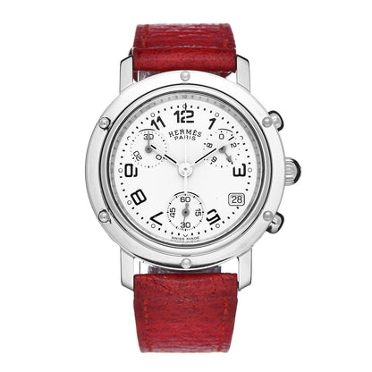 Hermes Stainless Steel Buffle Skippe 31mm Clipper Chronograph Quartz Watch Rouge Casaque 1 of 9