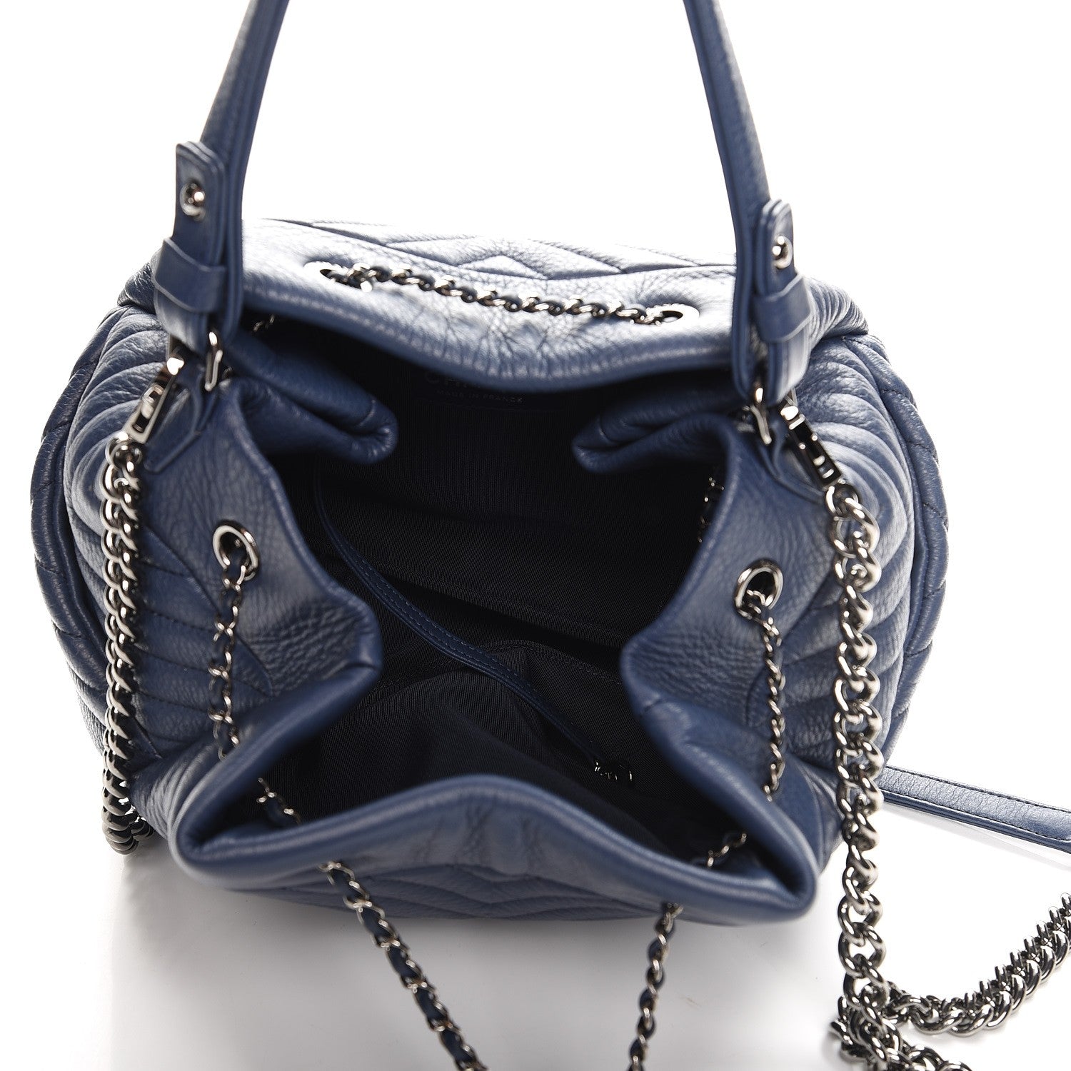 Chanel Deerskin Chevron Medium CC Chain Bucket Drawstring Bag Navy Blue 6 of 10