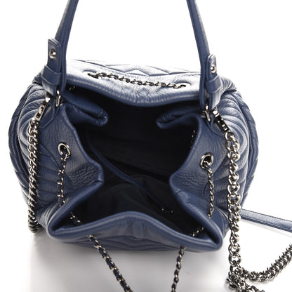 Chanel Deerskin Chevron Medium CC Chain Bucket Drawstring Bag Navy Blue 6 of 10
