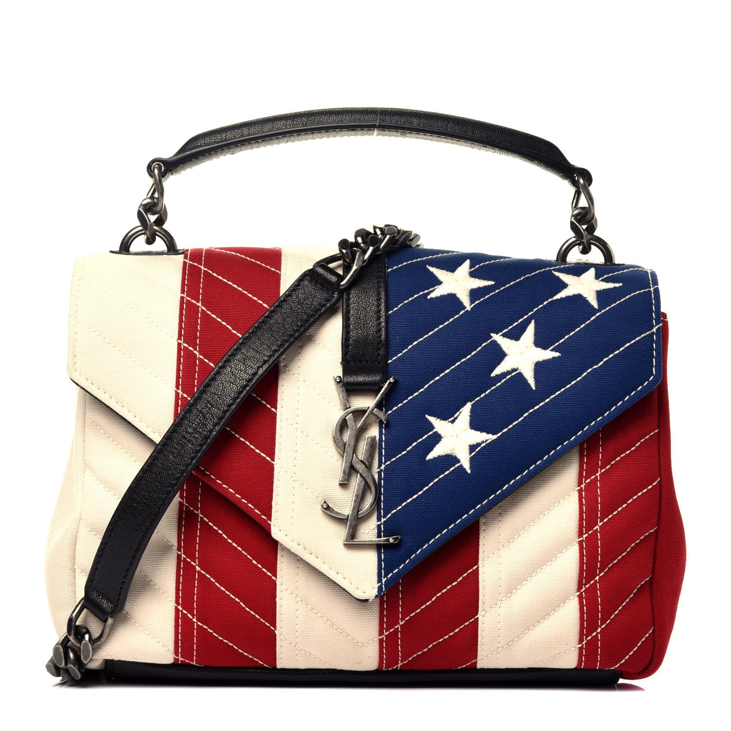 Saint Laurent Canvas Matelasse Chevron American Flag Monogram Medium College Bag Red Blue 1 of 10