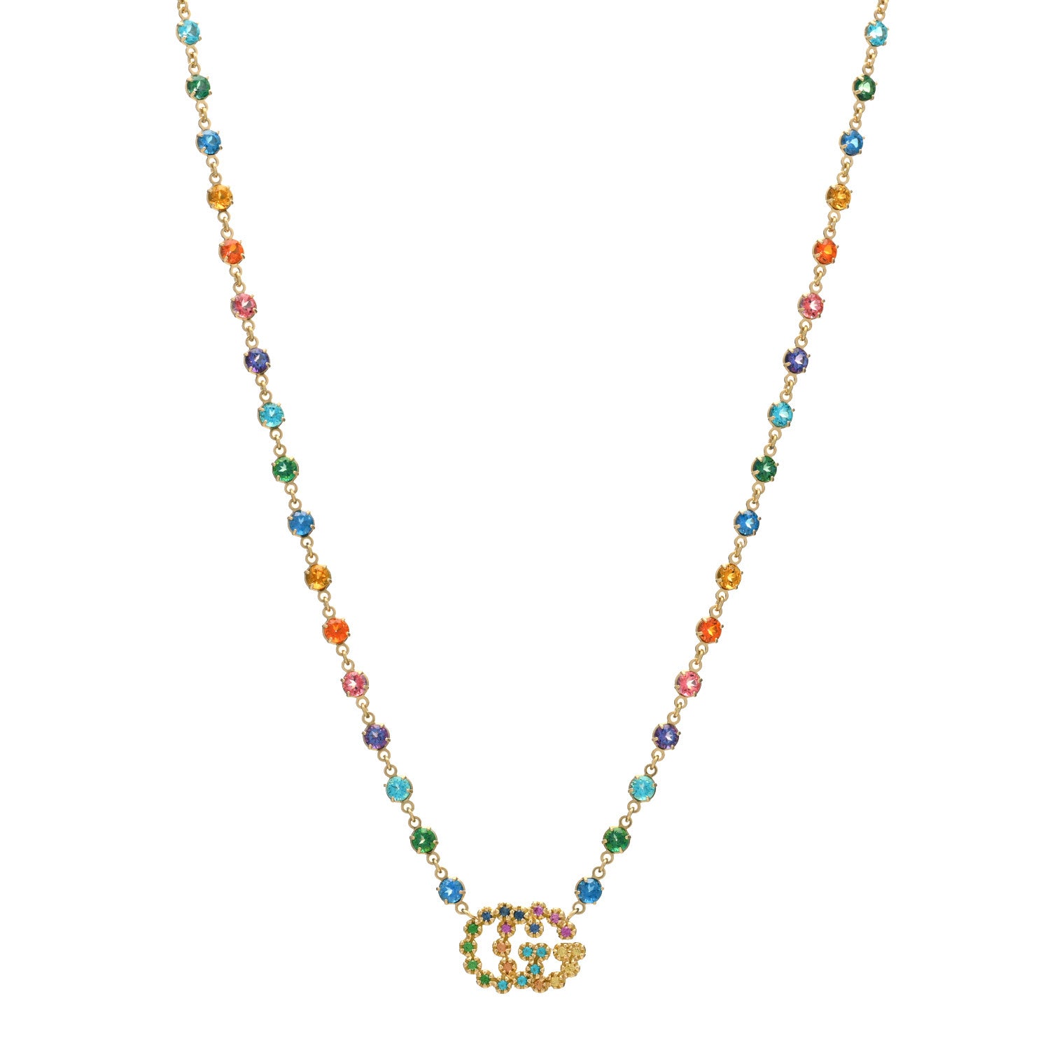 Gucci 18K Yellow Gold Multistone Running GG Pendant Necklace 1 of 5