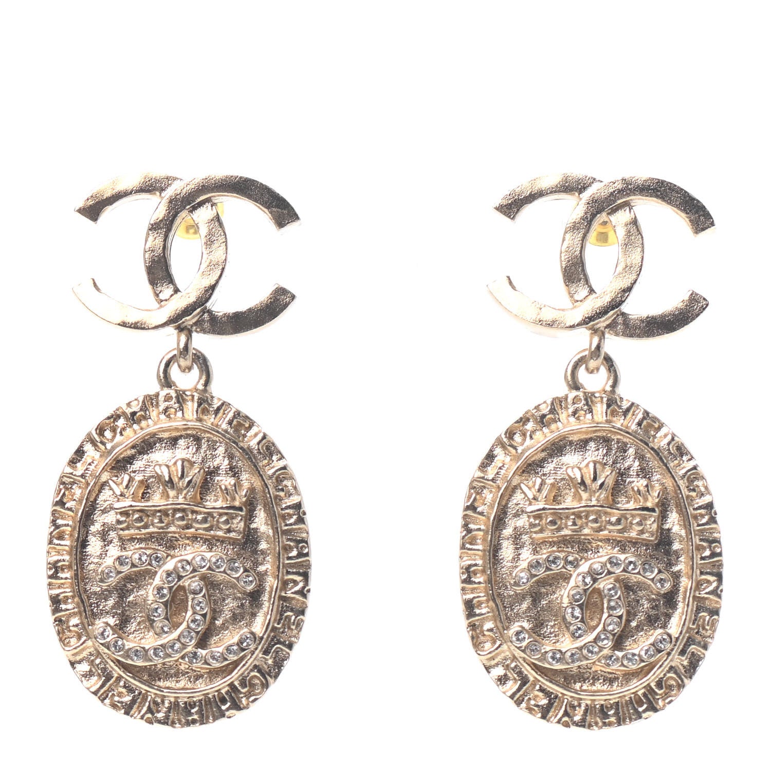 Chanel Crystal CC Medallion Drop Earrings Gold 1 of 4