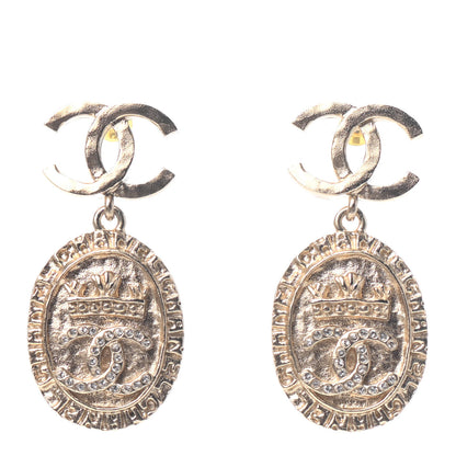 Chanel Crystal CC Medallion Drop Earrings Gold 1 of 4