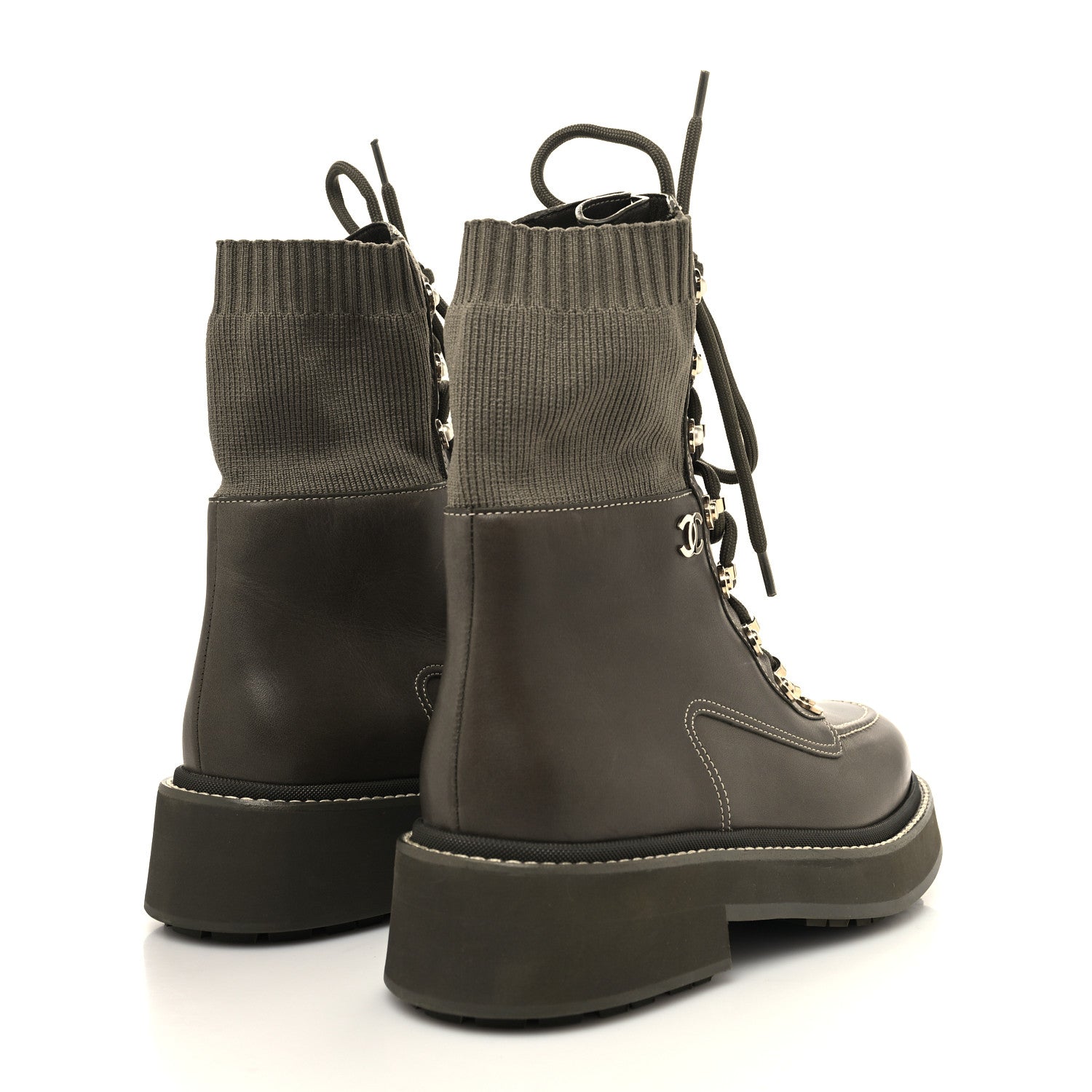 Chanel Calfskin Knit Lace Up Combat Boots 38 Green 4 of 6