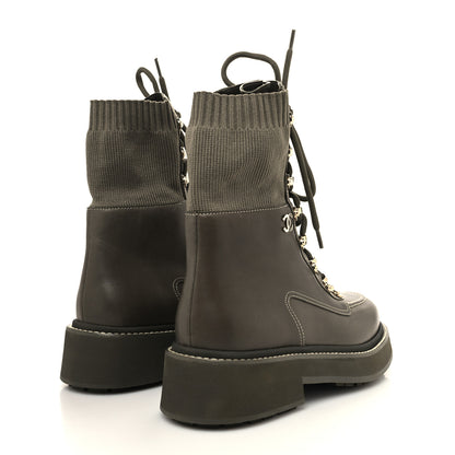 Chanel Calfskin Knit Lace Up Combat Boots 38 Green 4 of 6