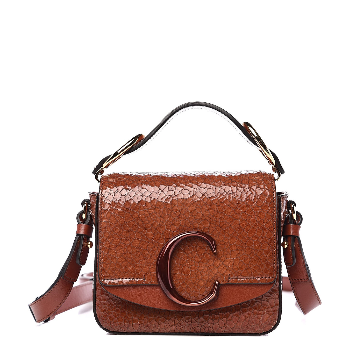 Patent Textured Shiny Calfskin Mini C Double Carry Sepia Brown