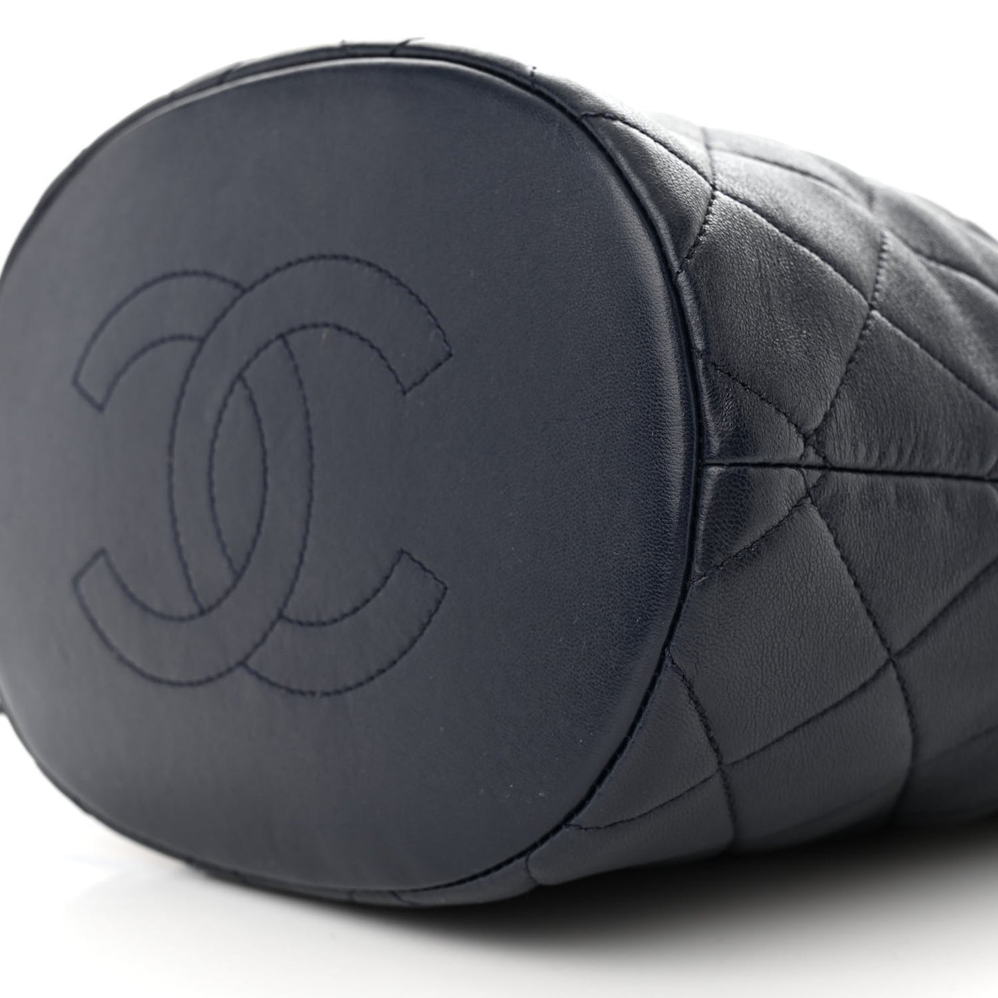 Shiny Lambskin Quilted Chain Is More Drawstring Bag Navy