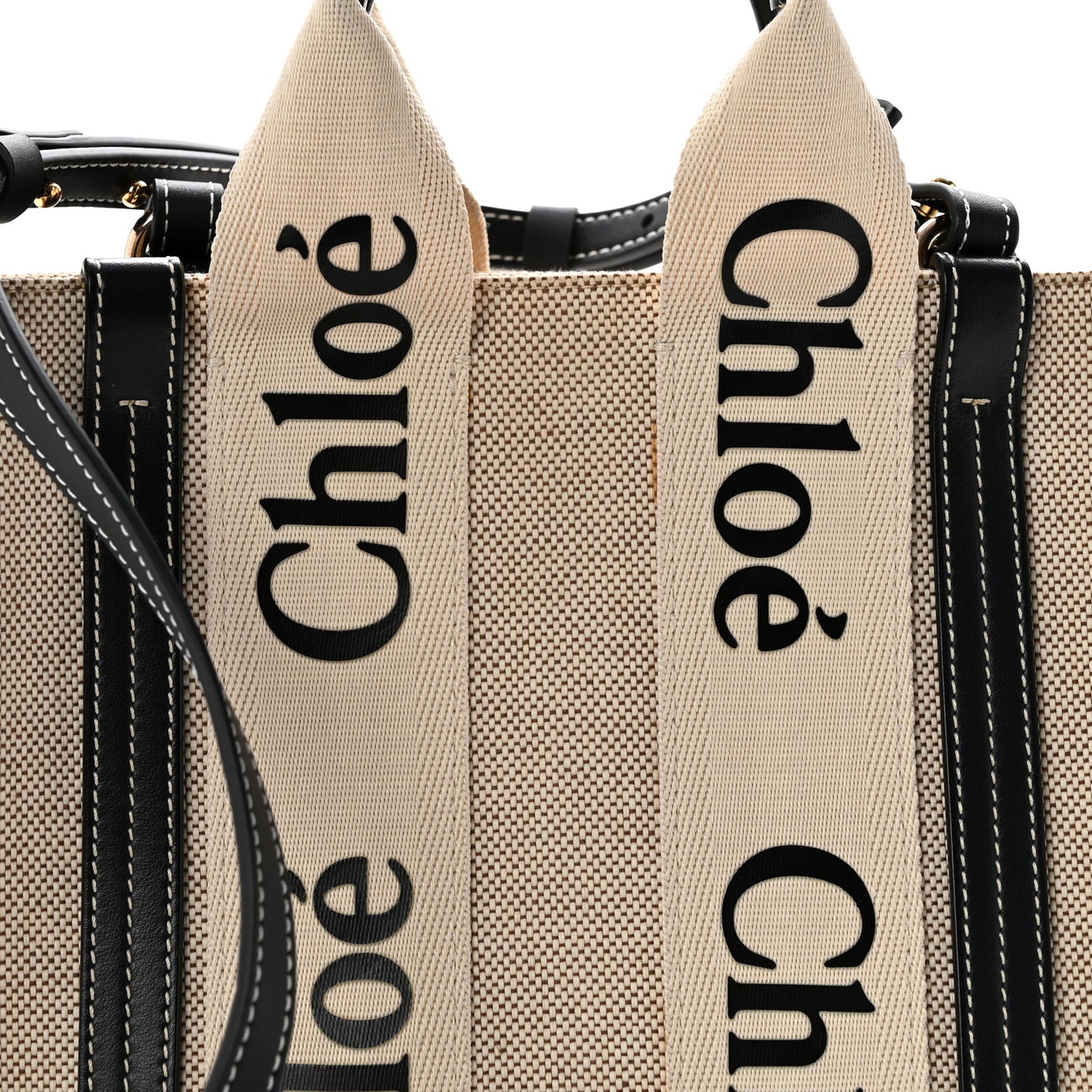 Linen Calfskin Small Woody Ribbon Tote White Black