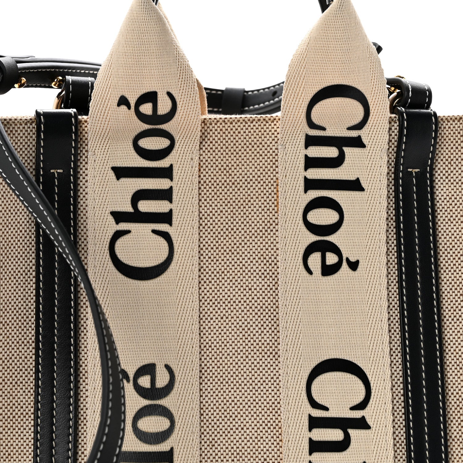 Chloe Linen Calfskin Small Woody Ribbon Tote White Black 8 of 13