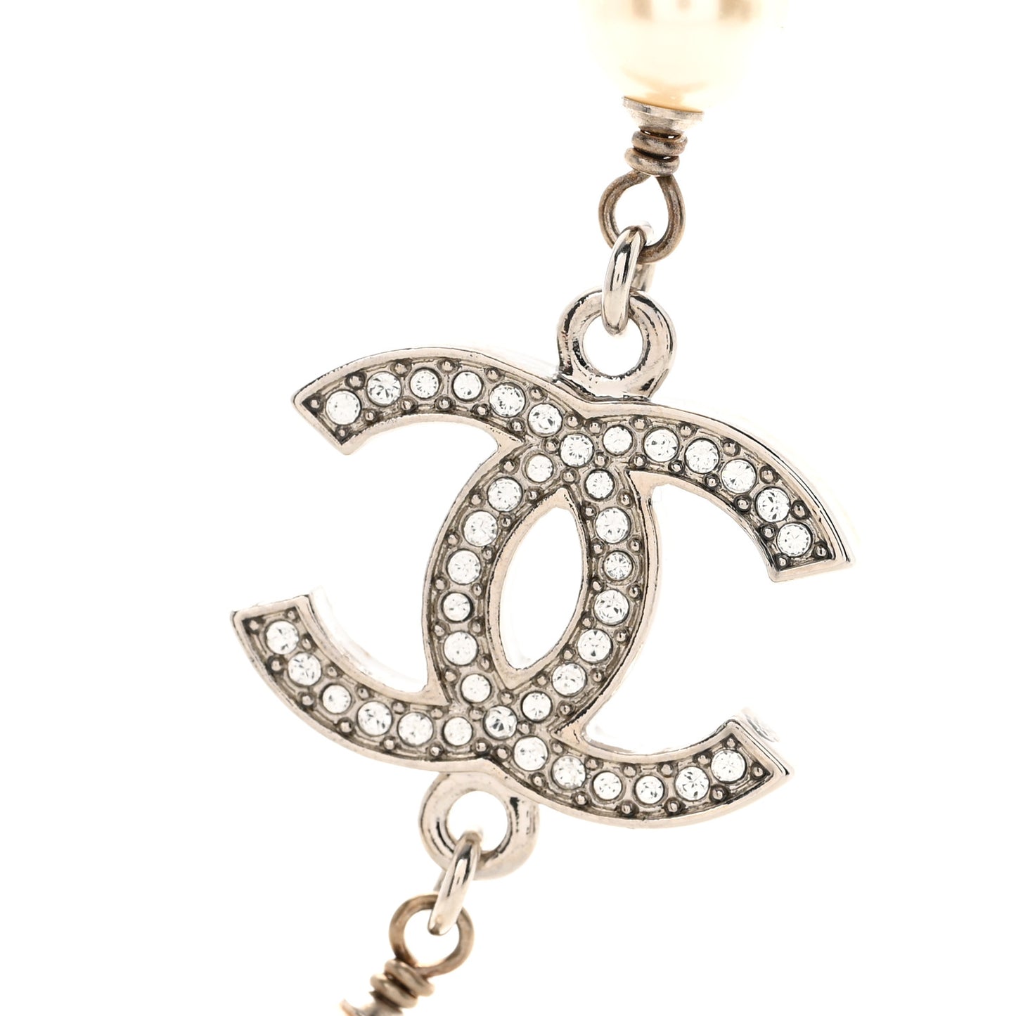 Crystal Pearl CC Long Necklace Silver