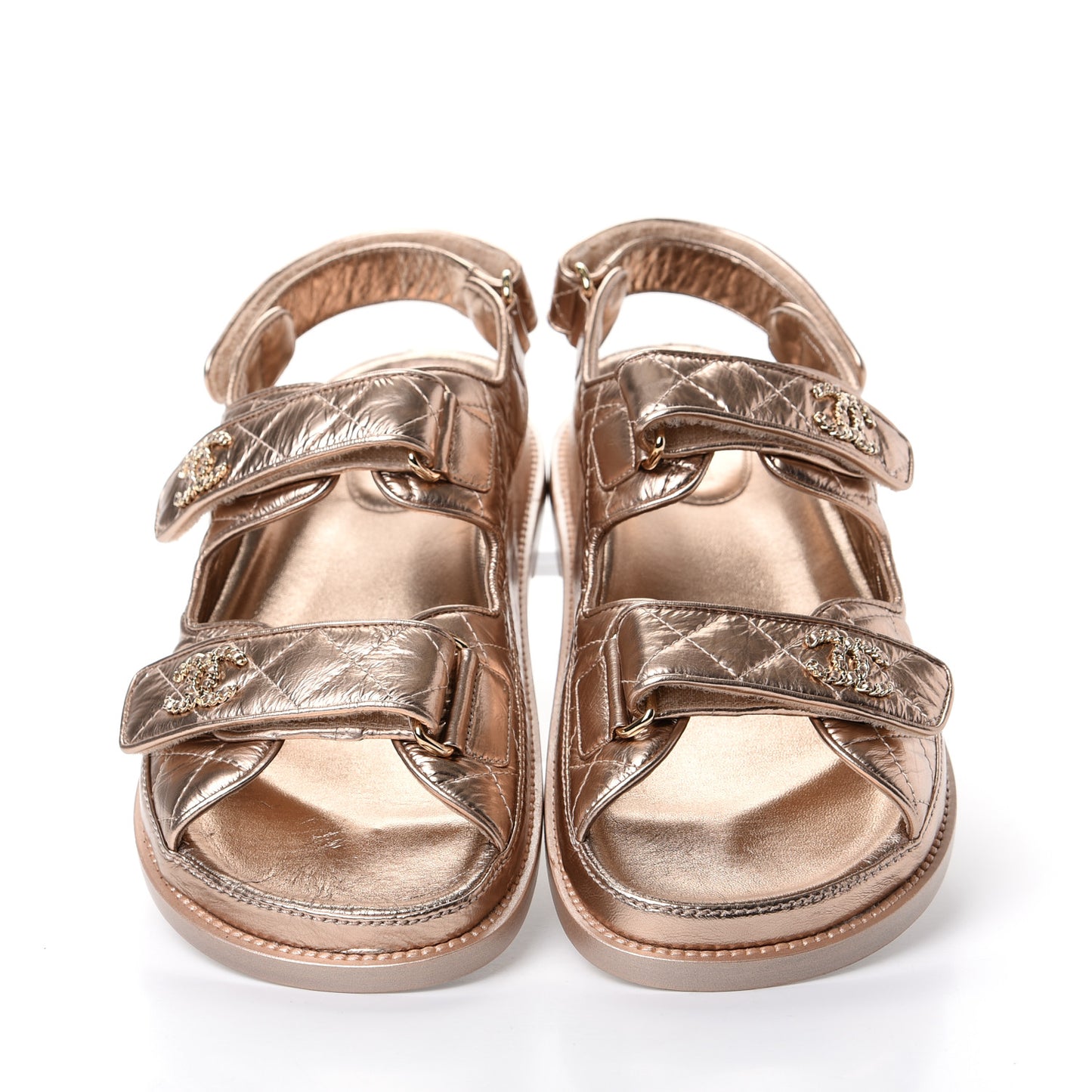 Iridescent Lambskin Quilted Velcro Dad Sandals 39 Light Bronze