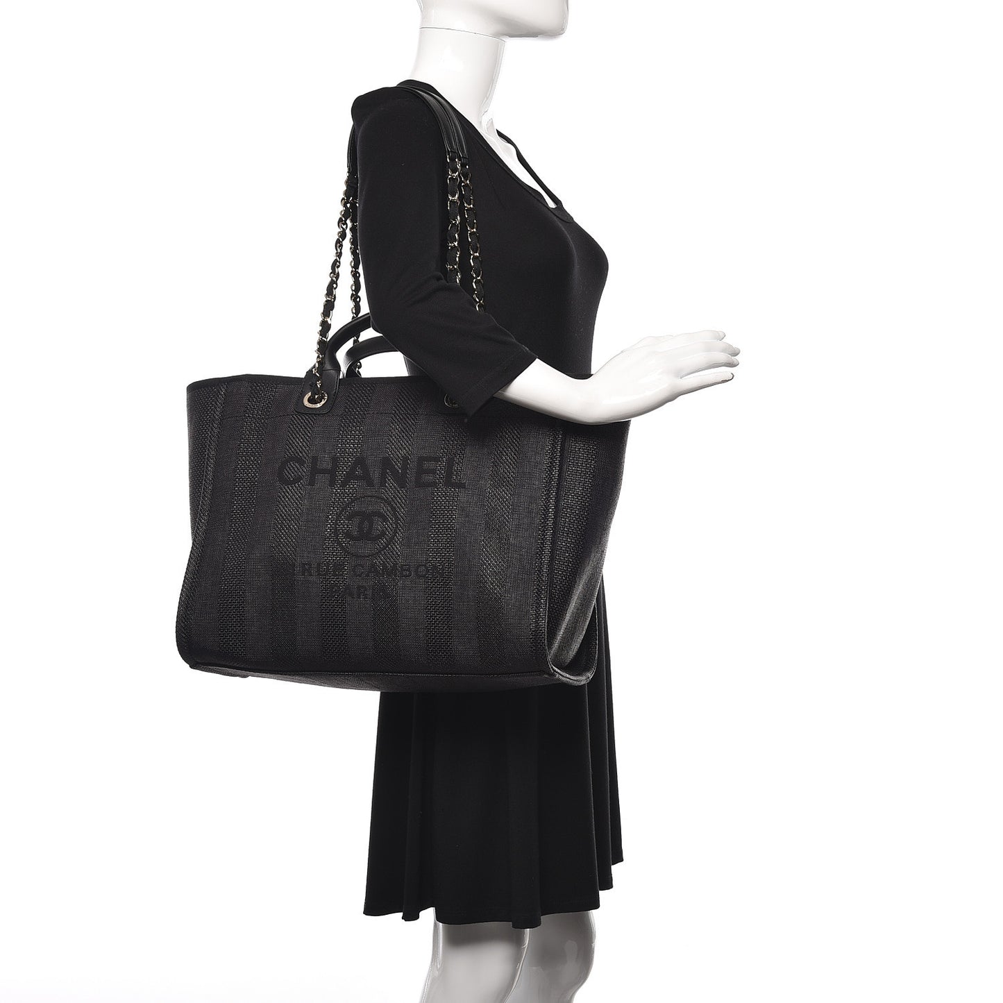 Mixed Fibers Calfskin Striped Medium Deauville Tote Black