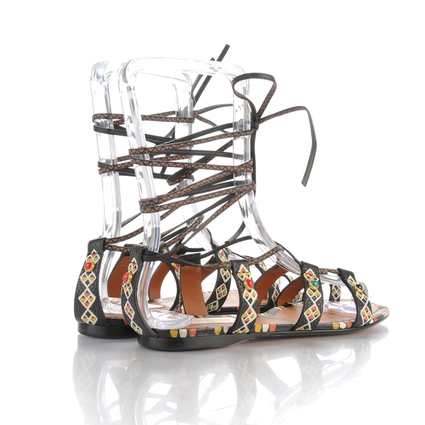 Calfskin Primitive Print Gladiator Sandals 36 Black Multi