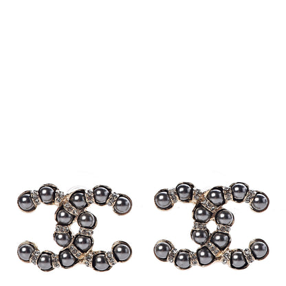 Chanel Crystal Bead CC Earrings Gold Dark Grey 1 of 5