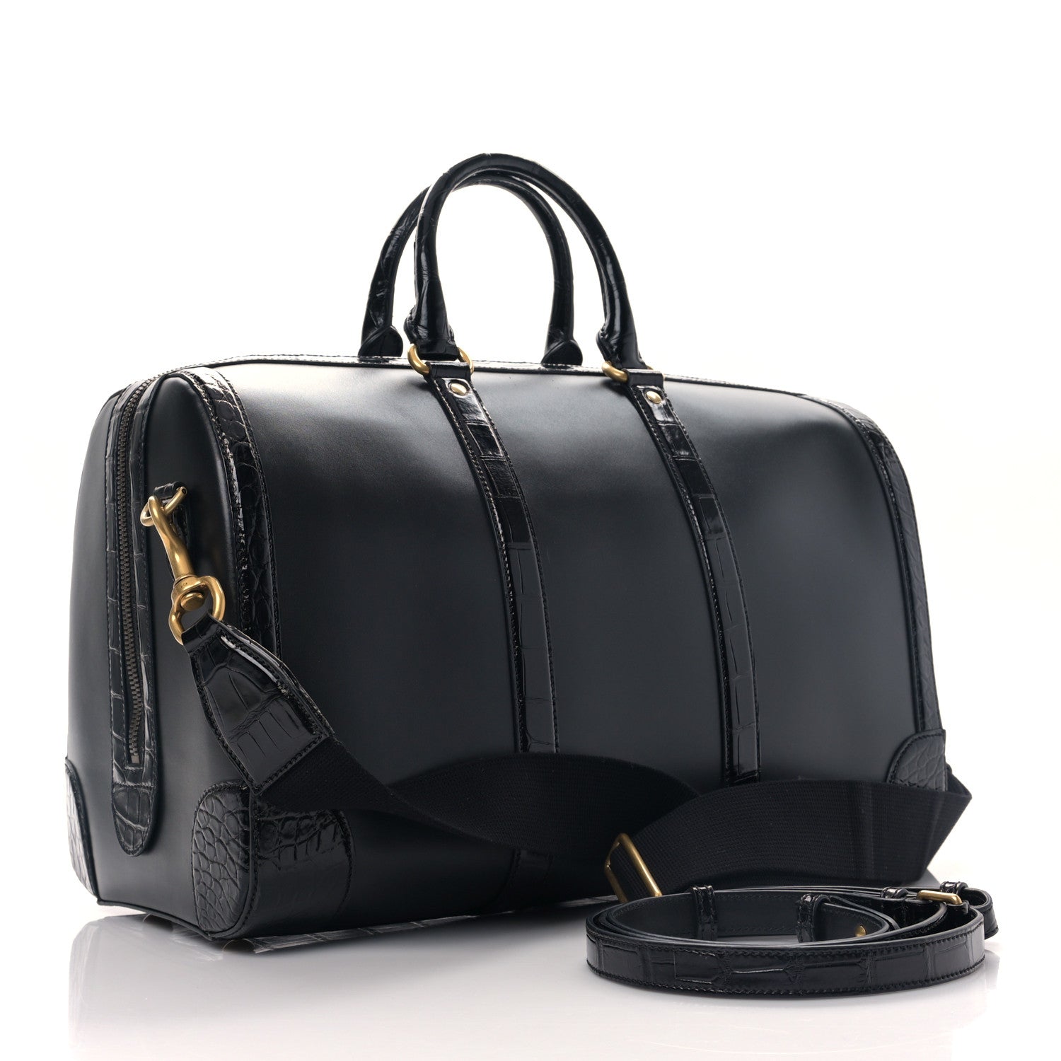 Gucci Calfskin Crocodile Double G Duffle Bag Black 3 of 9