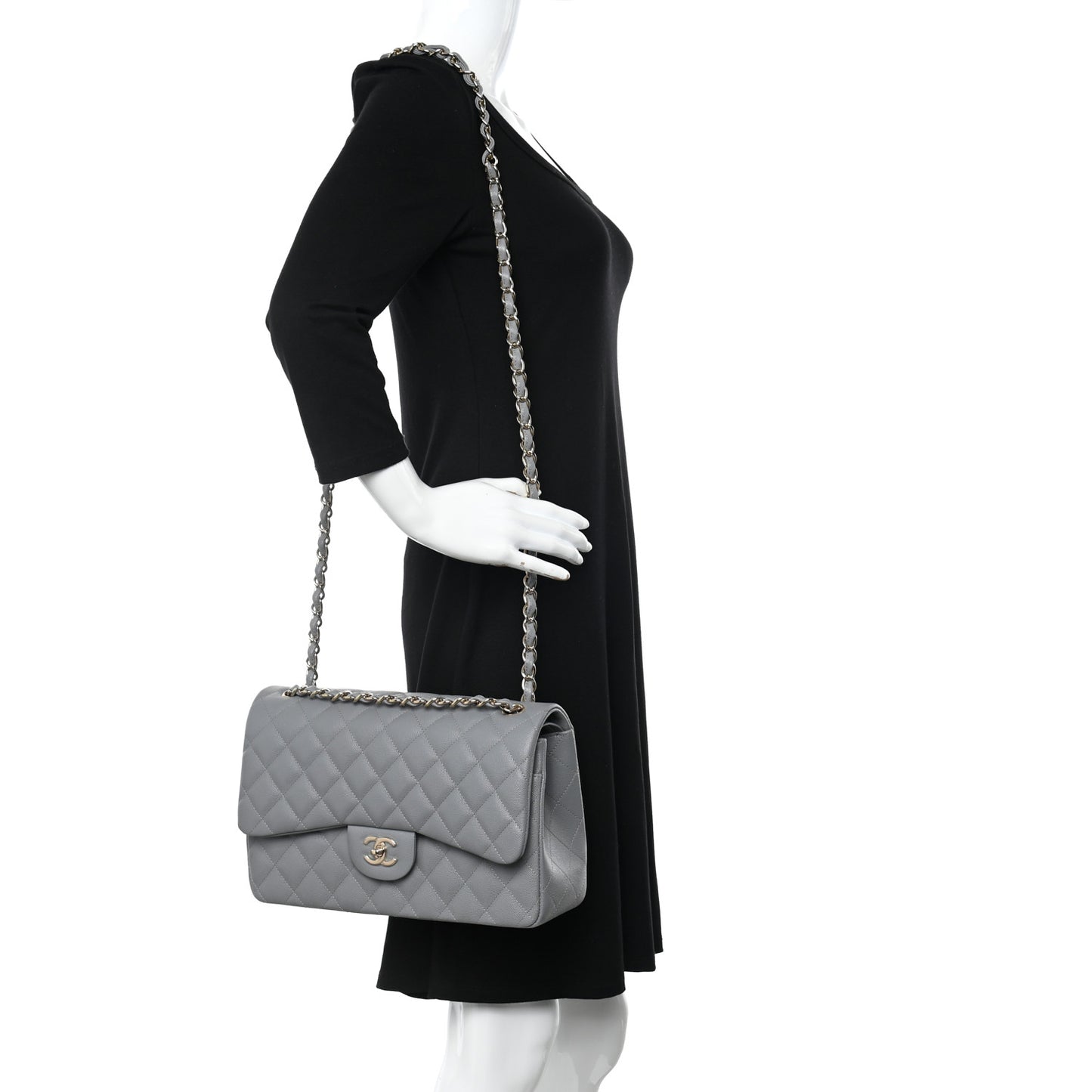 Caviar Quilted Jumbo Double Flap Grey
