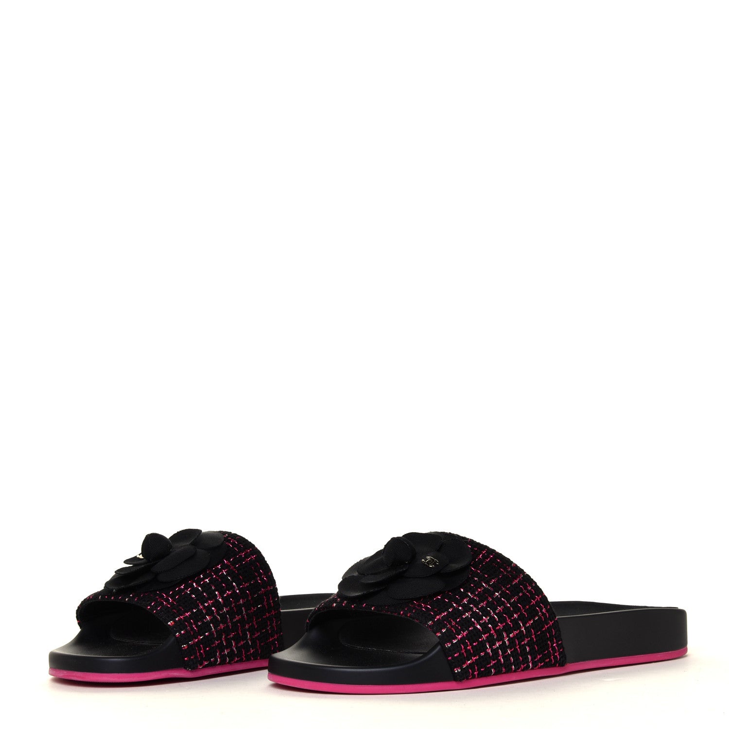 Chanel Tweed Grosgrain Camellia CC Flat Mules 40 Black Pink 6 of 12