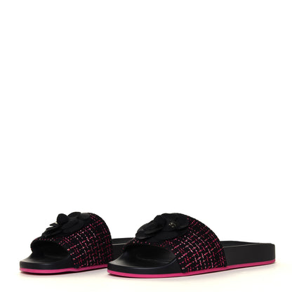 Chanel Tweed Grosgrain Camellia CC Flat Mules 40 Black Pink 6 of 12
