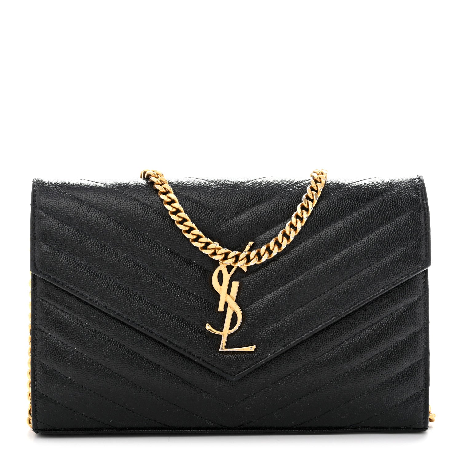 Saint Laurent Grain De Poudre Matelasse Chevron Monogram Chain Wallet Black 1 of 14