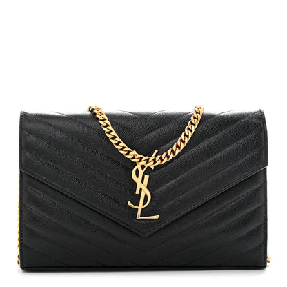 Saint Laurent Grain De Poudre Matelasse Chevron Monogram Chain Wallet Black 1 of 14