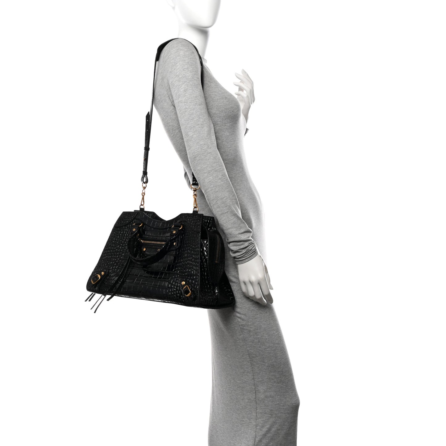 Shiny Supple Calfskin Crocodile Embossed Brass Hardware Neo Classic City Black