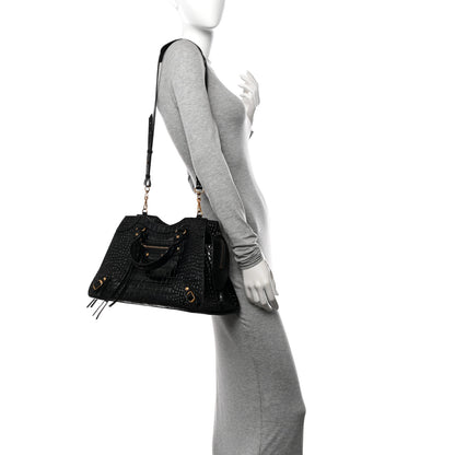 Balenciaga Shiny Supple Calfskin Crocodile Embossed Brass Hardware Neo Classic City Black 2 of 10