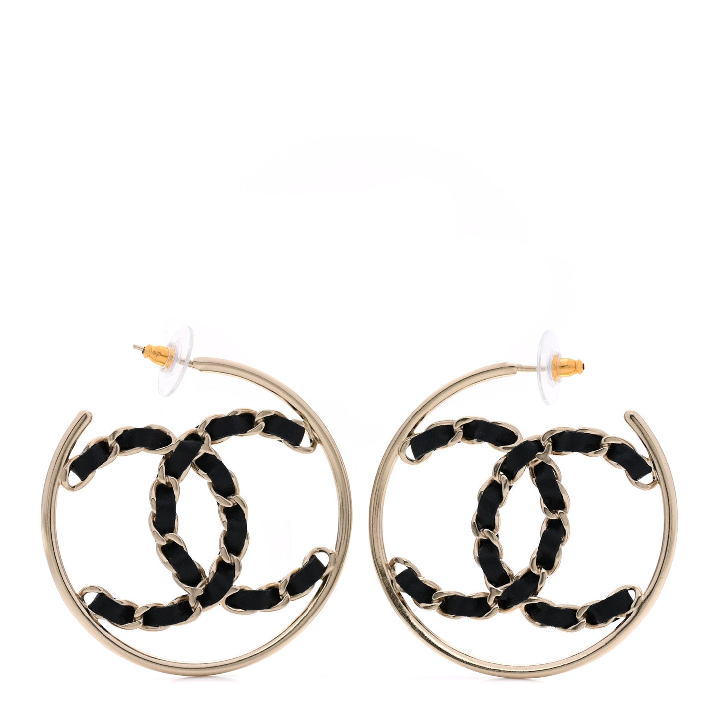 Lambskin CC Chain Hoop Earrings Black Gold