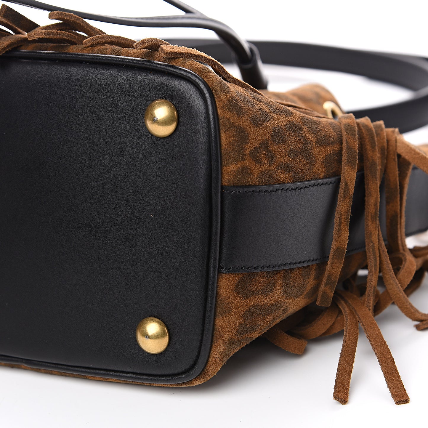 Suede Leopard Small Emmanuelle Fringe Bucket Bag Tan Black
