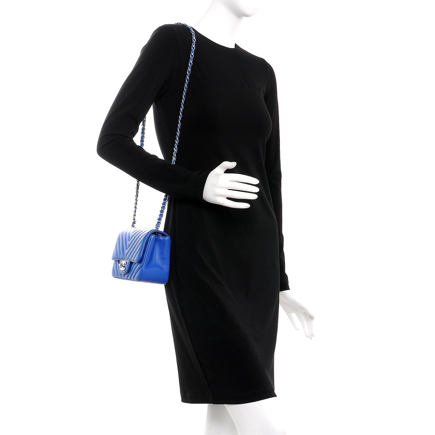 Caviar Chevron Quilted Mini Square Flap Blue