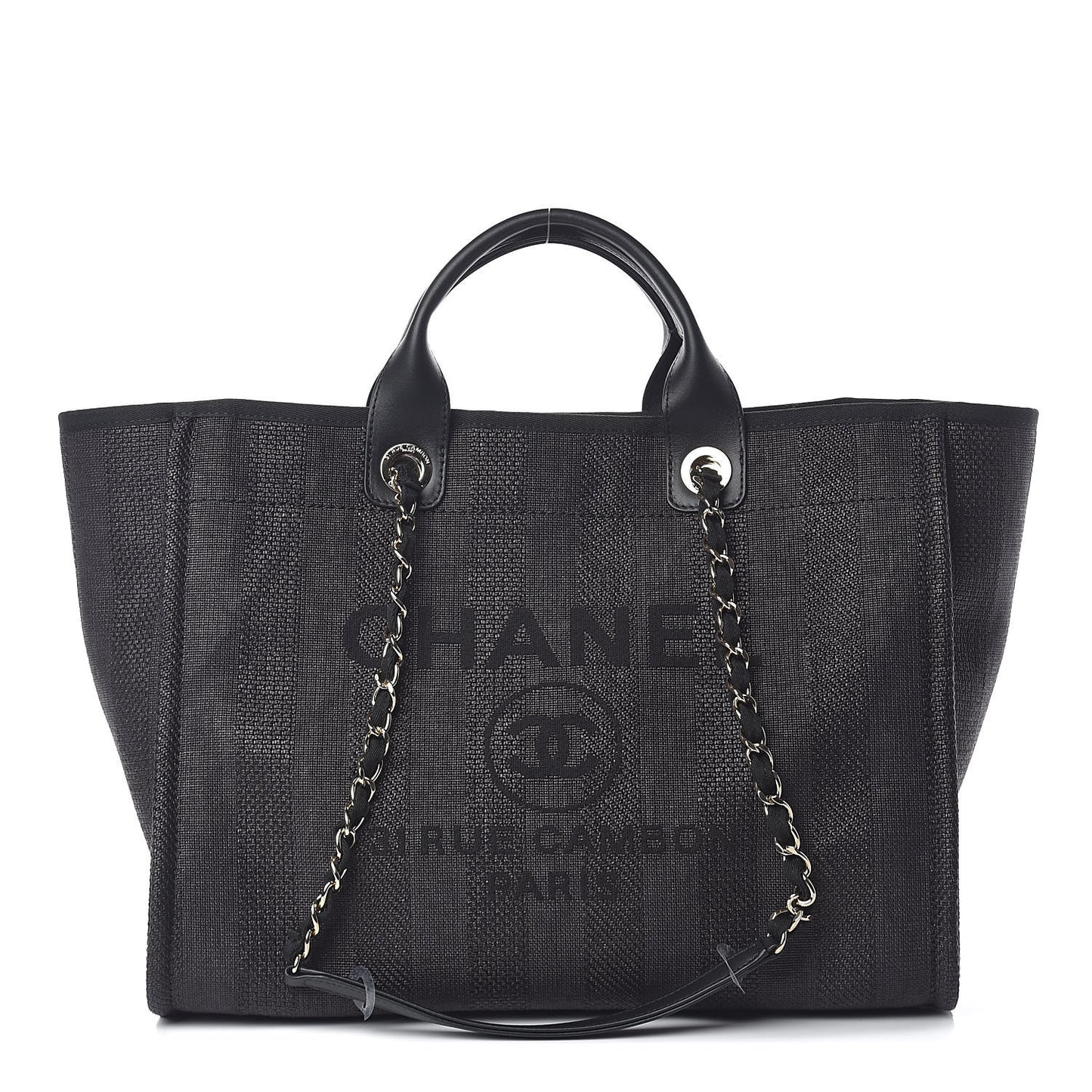 Woven Straw Raffia Striped Large Deauville Tote Black
