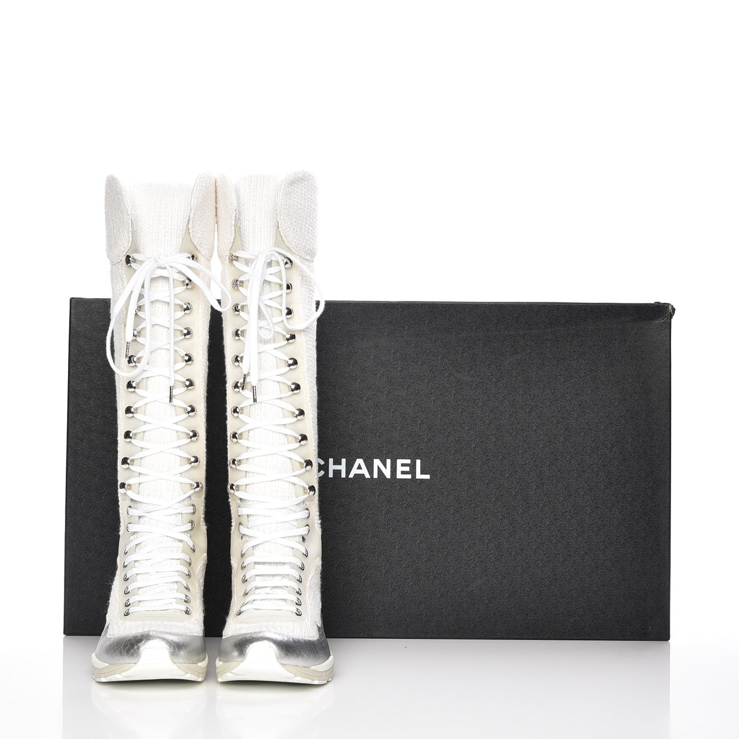 Tweed Suede Calfskin Sneaker High Boots 38 White Ecru Silver