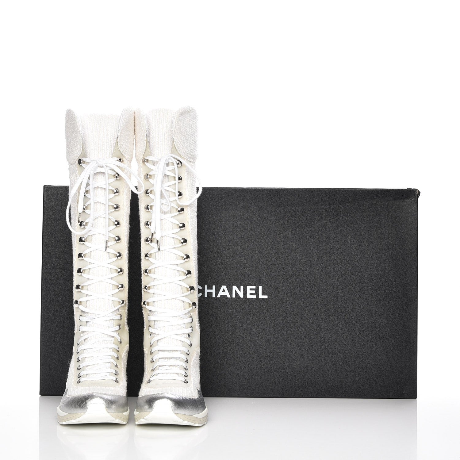 Chanel Tweed Suede Calfskin Sneaker High Boots 38 White Ecru Silver 7 of 7