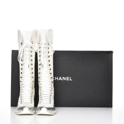 Chanel Tweed Suede Calfskin Sneaker High Boots 38 White Ecru Silver 7 of 7