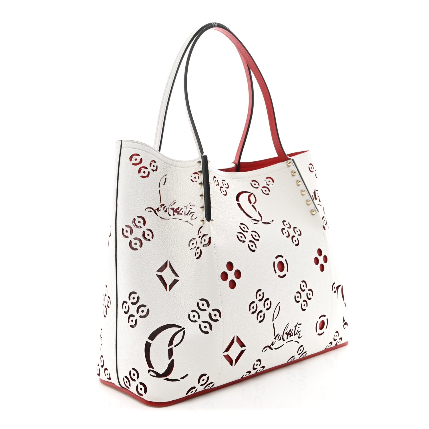 Christian Louboutin Calfskin Loubinthesky Large Perforated Cabarock Spikes Tote Snow 3 of 9