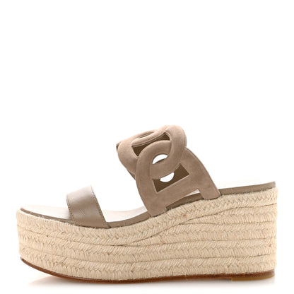 Hermes Suede Goatskin Ithea 30 Espadrille Wedge Sandals 37 Beige Sable 1 of 10