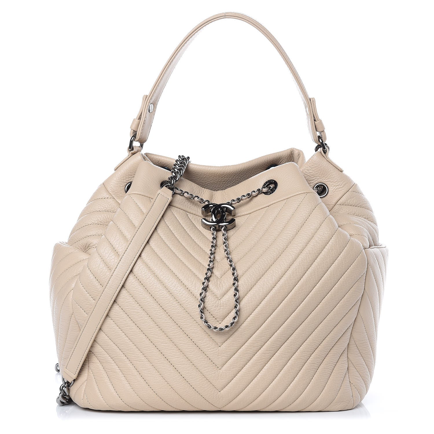 Chanel Deerskin Chevron Large CC Chain Bucket Drawstring Bag Beige 1 of 12