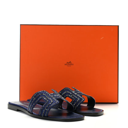 Hermes Suede Goatskin Crystal Oran Sandals 37 Bleu De Prusse Irisé 11 of 11